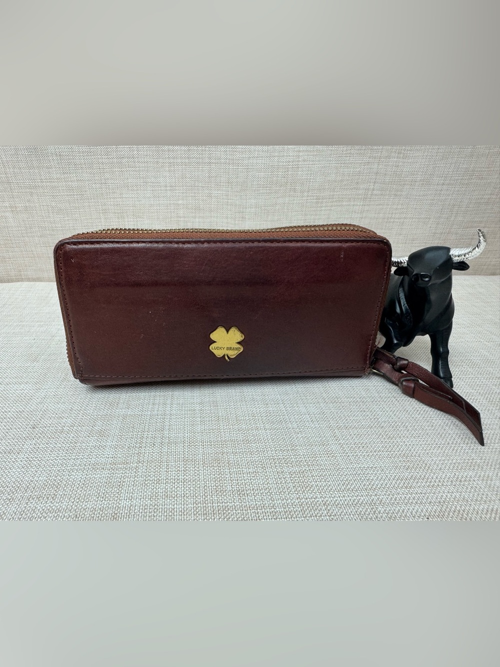 Lucky Brand Dark Brown Leather Zip-Around Wallet with Gold Clover Logo